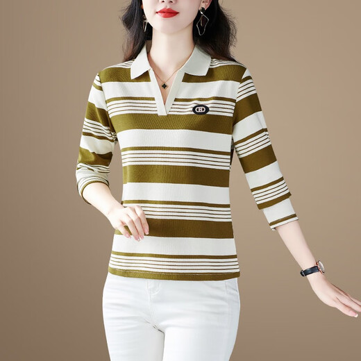 Fangluyu long-sleeved T-shirt for women in spring and autumn new middle-aged mother high-end cotton lapel POLO shirt casual T-shirt loose T-shirt 6636 black and white one size XL recommended to wear 110-119Jin [Jin equals 0.5 kg]