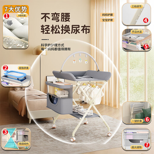 贝护婴尿布台婴儿护理台新生儿换尿布台按摩抚触台宝宝床上多功能可折叠 【八横梁骨架-一键折叠】顶配绿 双层置物篮+玩具架+护脊板+礼包