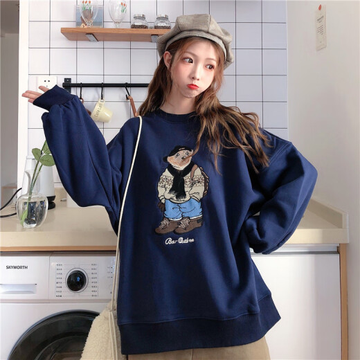 Langyue Women's Autumn T-shirt Harajuku Style Cartoon Sweater Women's Korean Style Loose Lazy Style Student Casual Long Sleeve Top LWWY201245 Blue M/One Size