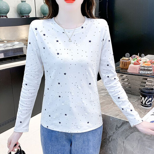 红蜻蜓纯棉时尚印花打底衫女长袖秋季新款修身百搭圆领T恤内搭上衣 DD1396#（白色）长袖 M 【建议91-105斤】