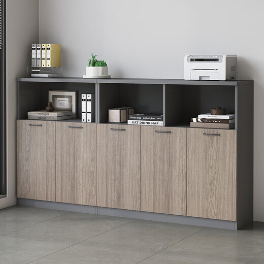 Zhibo Office File Cabinet Low Cabinet File Information Cabinet Locker Printer Cabinet Office Wooden Three Doors 120*40*Height 120CM Dark Gray + Dark Walnut