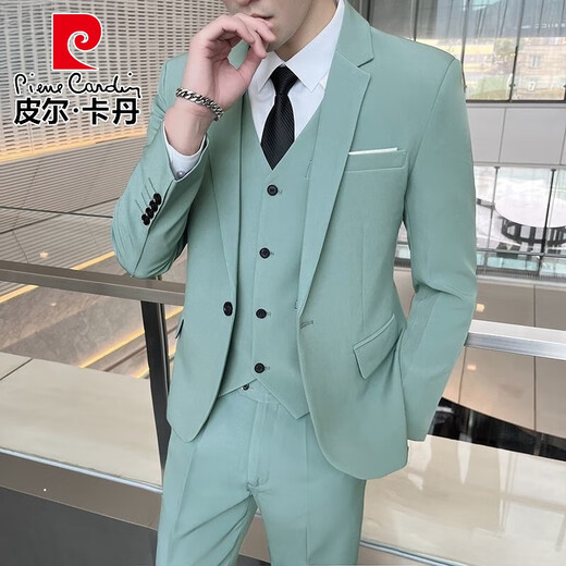 Pierre Cardin suit men's business Korean style casual formal suit three-piece groom's wedding dress men's light gray suit + pants + vest tie 2XL recommended 135-145 Jin Jin equals 0.5 kg