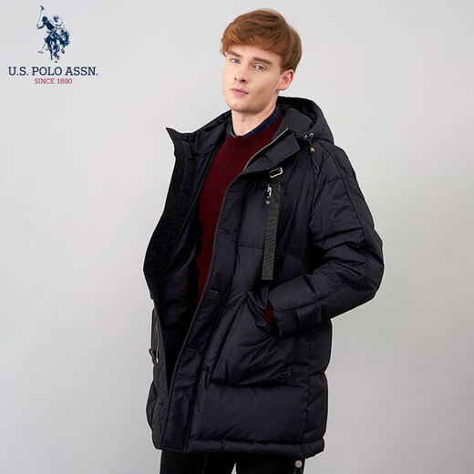 U.S. POLO ASSN.US保罗羽绒服男中青年外套连帽冬季保暖白鸭绒工装外套男百搭男装 藏青7027 M 165（105-120斤左右）