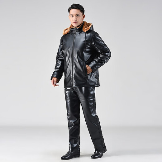Liyang Men's Leather Jacket and Leather Pants Suit Plus Velvet Thick Coat Takeaway Rider Driving Windproof Warm and Cold Resistance Workwear Leather Cotton Jacket Velvet Anti-Theft Leather Jacket and Leather Pants Suit 4XL 160-170Jin Jin is equal to 0.5 kg