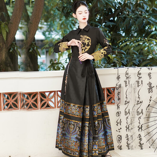 闻莺燕改良汉服成人女国风金线刺绣凤凰织金妆花马面裙套装女日常套装 9711凤凰黑金马面裙 S