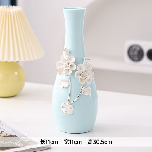 
CLCEY creative European ceramic vase ornaments TV cabinet living room dining table accessories hydroponic flower appliance wedding gift 14079 sky blue double flower with leaves flat vase
