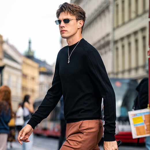 布先生半高领100%羊毛衫2025秋季肌理感罗纹领毛衣男PT15583 钢琴黑 S (165)