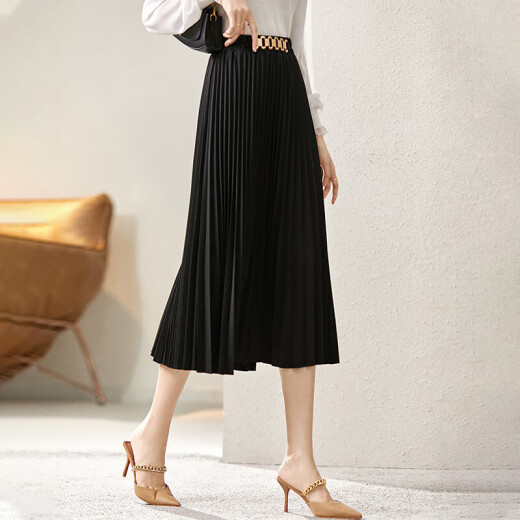 Shandubila autumn and winter elastic waist A-line skirt mid-length pleated skirt black S