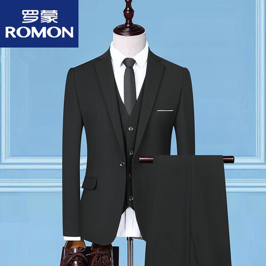 罗蒙（ROMON）男士西服套装商务休闲正装职业西装标准型上班外套新郎礼服男 深蓝色西服+西裤+衬衫+马甲 +皮 4XL