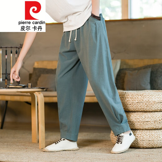 皮尔卡丹（pierre cardin）亚麻九分裤男夏季薄款宽松直筒中国风棉麻裤子男士潮牌休闲哈伦裤 黑色 M