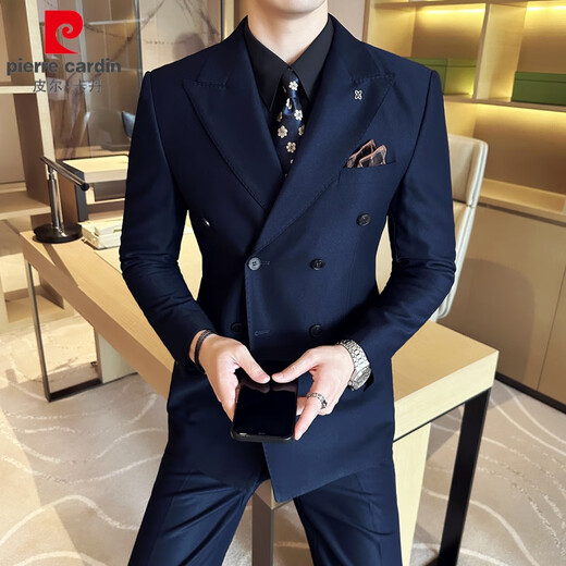 Pierre Cardin double-breasted brown high-end handsome suit men's suit Korean version slim wedding groom small suit jacket navy blue (suit + pants) 2XL