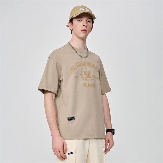 
Mark Huafei [pure cotton] short-sleeved T-shirt for men 25 spring and summer new round neck letters embroidered comfortable breathable loose men's T-shirt 701 khaki (silhouette version) S (height 155-165 weight 55-60)