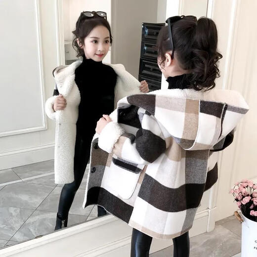 Ainolun Children's Coat Women's Winter Girls' Woolen Coat Autumn and Winter Long Large Children's Clothing Girls' Thickened Woolen Winter Clothes Large Plaid Velvet Thickened Coat (Picture Color) 150 150 Recommended height 140CM