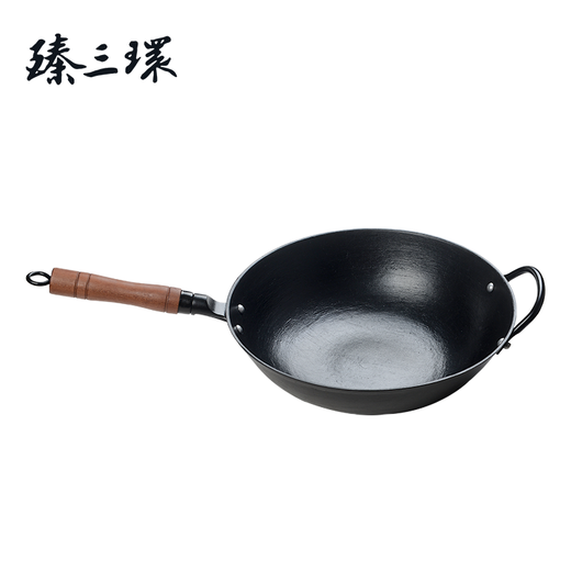 Zhensanhuan handmade cast iron pot, pig iron wok, induction cooker, uncoated physical non-stick pot, single-handled pot set, turtle pattern 32cm plus pot ears + wooden lid + shovel 3-piece set