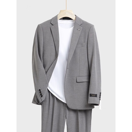 皮尔卡丹（pierre cardin）轻奢感色织人字纹西服套装男修身针织正装韩版新郎结婚礼服西装男 棕灰/外套+衬衫+裤子 XL(135斤内)