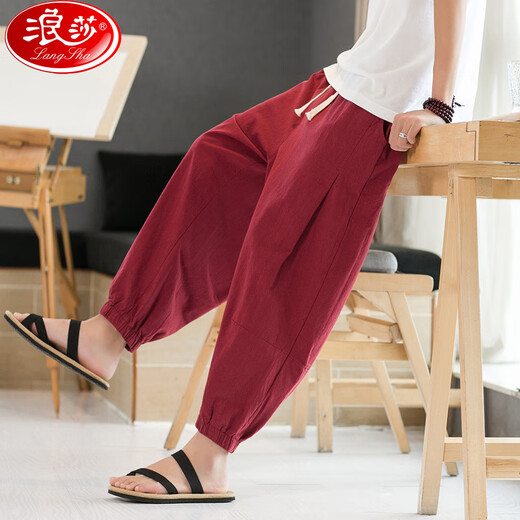 Langsha pure cotton pants men's summer thin loose large-size wide-leg casual pants Harun cotton linen nine-point tie-fitting bloomers men gray L 100-120Jin [Jin equals 0.5 kg]