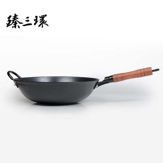 Zhensanhuan handmade cast iron pot, pig iron wok, induction cooker, uncoated physical non-stick pot, single-handled pot set, turtle pattern 32cm plus pot ears + wooden lid + shovel 3-piece set