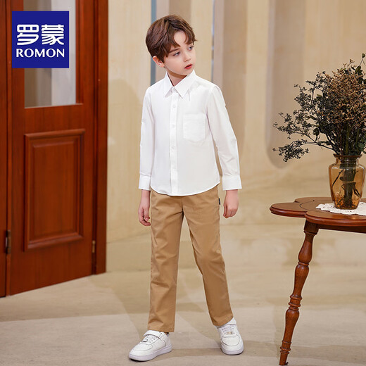 Romon white shirt boys and girls long-sleeved shirt children's spring and autumn shirt performance white long-sleeved shirt with pockets 120