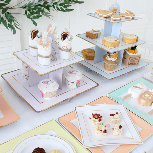 Mengyier Desserttisch Display Rack Multi-Layer Dreischicht Display Rack Paper Tablett Dessert Rack SN3879 gestreiftes Gold Dreischicht quadratisch Weiß