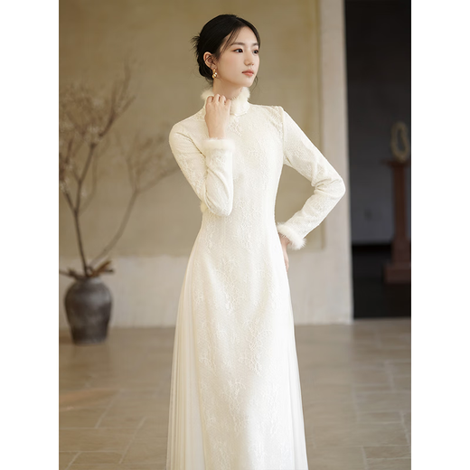 Chuchan Yishi new Chinese style Ao Dai cheongsam for women autumn and winter new white lace mesh knitted temperament national style dress white (length 125) M (ready in stock)