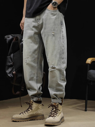 OLJ International Luxury Brand Ripped Jeans Men's Men's Loose Straight Spring and Automne Casual Working Pants Retro Wash 38 [185-200jin [Jin est égal à 0,5 kg]]]