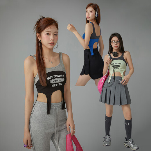 CHUU潮酷拼接吊带女2024春季新款设计感个性修身显瘦字母印花背心 黑色 均码