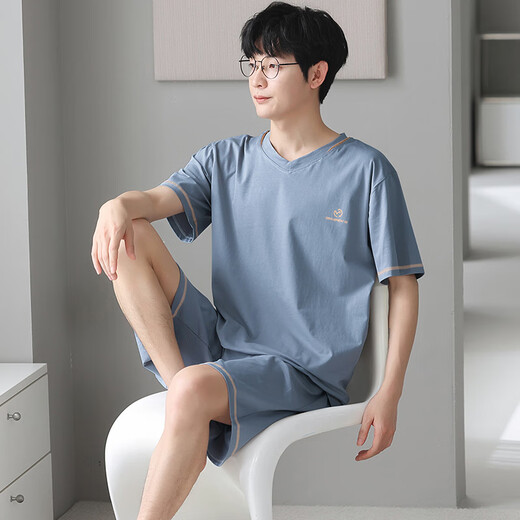 Langsha men's pajamas ice silk modal touch can be worn outside summer V-neck simple casual home clothing set 3518 L