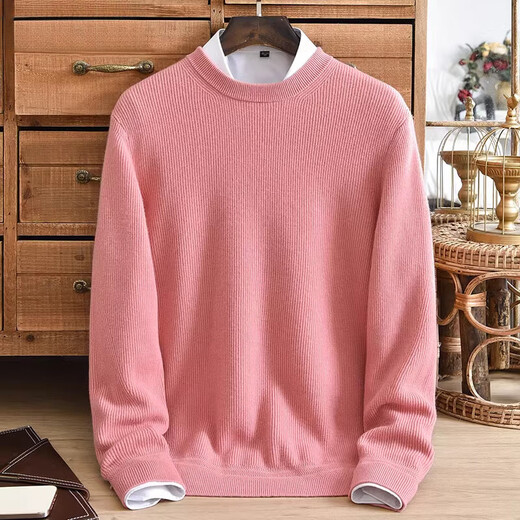 Ordos pink cashmere sweater men's round neck thickened men's youth solid color pullover pure cashmere sweater produced in Ordos city - white gray M 170