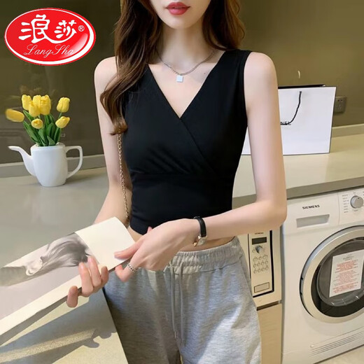 LangSha Modal Cotton V-neck Camisole Women's Autumn and Winter Short Navel Exposed Outerwear Slim Bottoming Sleeveless Top Women Black XL Recommended 120-140Jin Jin equals 0.5kg