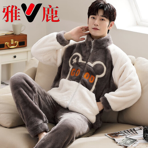 雅鹿珊瑚绒睡衣男士秋冬款加绒加厚青少年加大码法兰绒家居服套装冬季 XQ绒9928 M [小码L]]建议身高163C左右，体