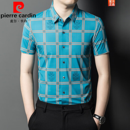 
Pierre cardin 2025 summer new plaid printed short-sleeved shirt for men fashionable thin casual shirt daddy clothes blue 9853 185/2XL suitable for 165-180Jin [Jin equals 0.5 kg]
