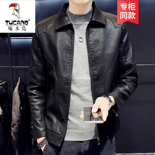 Woodpecker (TUCANO) Haining Genuine Leather Soft Leather Jacket Men's Sheepskin Large Size Spring Autumn and Winter Lapel Jacket Trendy Handsome Motorcycle Leather Jacket 8898# Dark Green Regular Style L