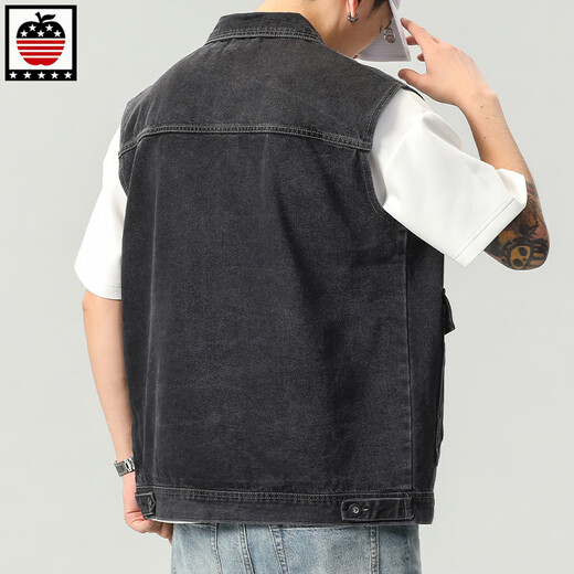 
AEMAPE Apple denim vest men's jacket European and American trendy spring large pocket sleeveless tops fashion brand vest horse clip 9215# black 5XL (recommended 230 250Jin [Jin equals 0.5 kg])
