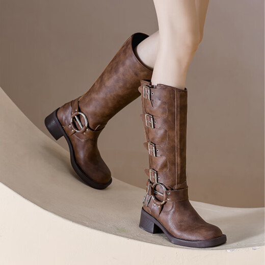 
Feyuega Knight Boots Women's Retro Maillard Thick Heel Belt Buckle Martin Boots But Knee Boots New Western Denim Boots Brown 37
