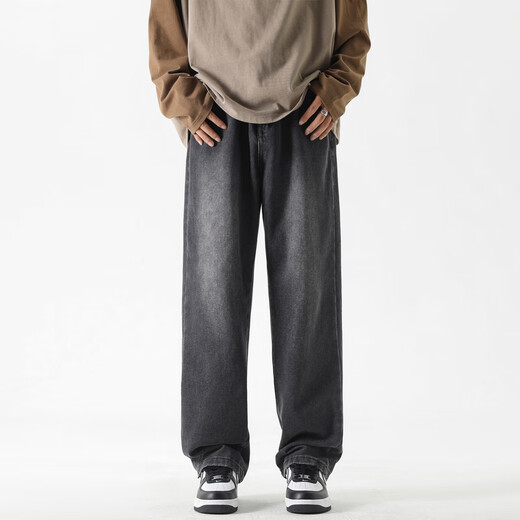 Dingfengbaoluo American jeans men's winter high street straight-leg loose plus velvet thickened wide-leg trousers DFS05JR black gray L