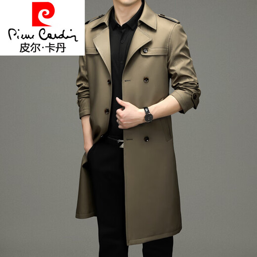 Pierre Cardin Men's Mid-Length Windbreaker Jacket 2025 Autumn New Business Casual Spring and Autumn Long Lapel Jacket Khaki XL Recommended 140-160Jin Jin equals 0.5 kg