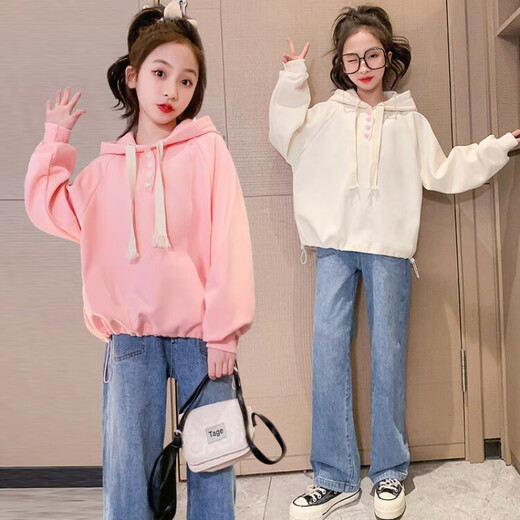 Chuangmusen girls sweatshirt spring and autumn clothing Korean style loose long-sleeved top junior high school girls clothes 9-12 years old middle-aged children new style BF Harajuku style base shirt ins girls' clothing trendy apricot color 150