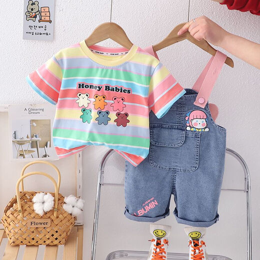 Kexin baby girl suit 2024 new short-sleeved fashionable cute overalls for children's summer two-piece girls' clothes blue 90 size recommended for 1-2 years (about 85 height)