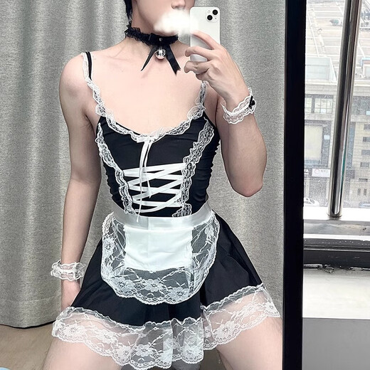 Maid outfit for boys and men's special open gears for boys and men can be inserted into the outside and wear pseudo-girls open gears for avoiding temptation. Maid out black full set + overalls M 80-105Jin[Jin equals 0.5 kg]