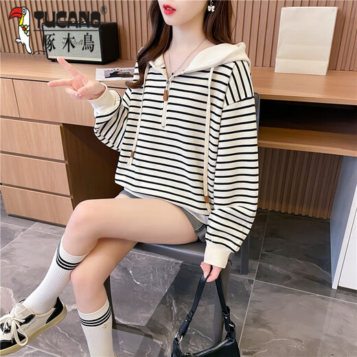 啄木鸟条纹卫衣女连帽2024秋季新款韩版大码宽松设计感减龄百搭长袖上衣 图片色 6625 2XL 125-135斤