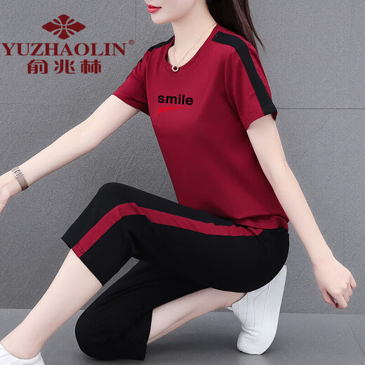 俞兆林妈妈装纯棉短袖七分裤套装女夏季2024新款中年洋气休闲运动服两件 WK695-58#蓝色(长裤套装) L (建议95-110斤)