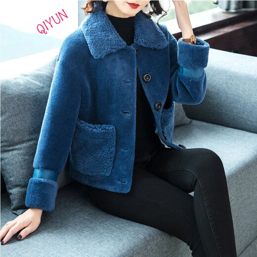 QIYUN light luxury French brand sheep shear coat women's short 2020 autumn and winter new grain velvet fur one-piece short fur coat blue XL