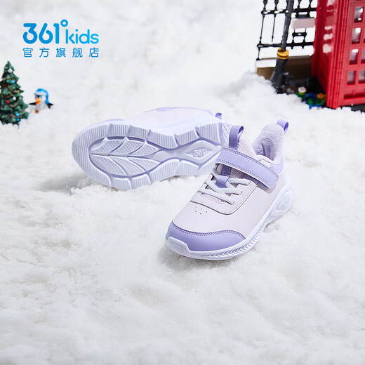 361 Children's shoes, children's sports shoes, boys' and girls' cotton shoes, winter new children's Velcro running shoes, plus velvet, two cotton shoes, leather surface, plus velvet, rose water purple/soft purple/light pink purple 32
