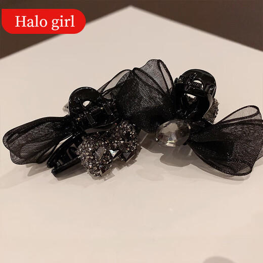 HALO GIRL2024新款小众蝴蝶结抓夹女网红带钻侧边刘海碎发夹气质鲨鱼夹头饰 黑色抓夹(2个装)