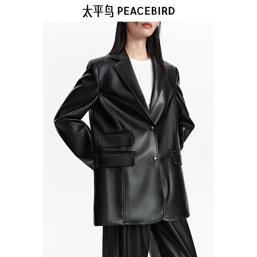 PEACEBIRD Women's Blazer Autumn Profile Straight Leather Jacket Design Fashionable Commuting Trend Black S