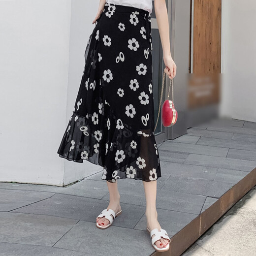 Langyue Women's Autumn Half-length Skirt Sweet High Waist Korean Style Fashion Small Fresh Mid-Length A-Line Skirt LWQZ2033J5 Black Flower M/One Size