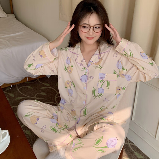 
REJIP spring and autumn pajamas women cute cartoon cardigan ins princess style long sleeve trousers loose thin home clothing set 9227 M[80-100Jin[Jin equals 0.5 kg]]