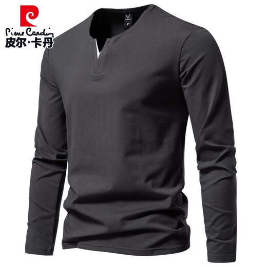 Pierre Cardin Henry heavyweight men's long-sleeved T-shirt with spring and autumn slim casual v-neck solid color bottoming shirt clothes top dark gray L