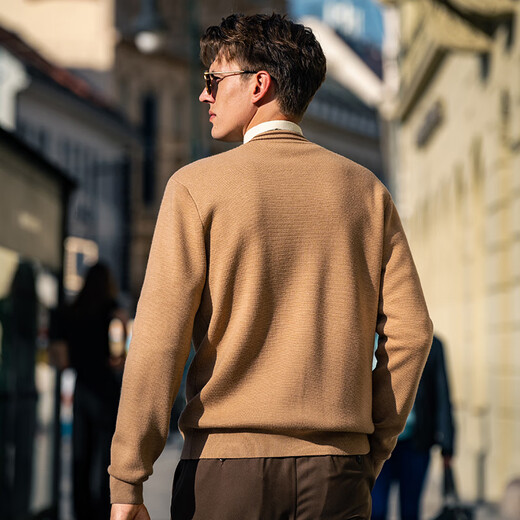 Mr. Stoff gestreifte kontrastierende Wollmagigan 2025 Herbst Maillard V-Neck Pullover Jacke Männer Pt15607 Clearance Desert Camel S (165)