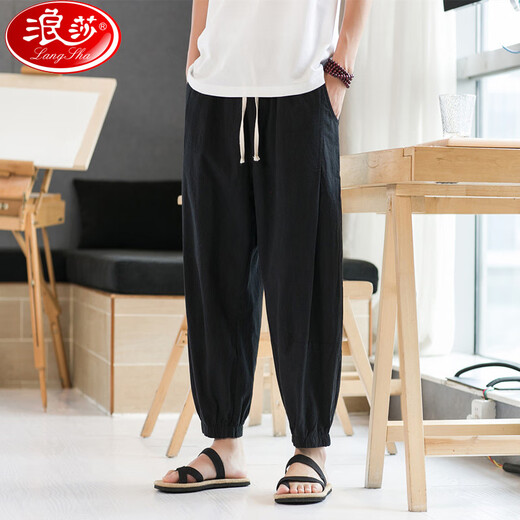 Langsha pure cotton pants men's summer thin loose large-size wide-leg casual pants Harun cotton linen nine-point tie-fitting bloomers men gray L 100-120Jin [Jin equals 0.5 kg]